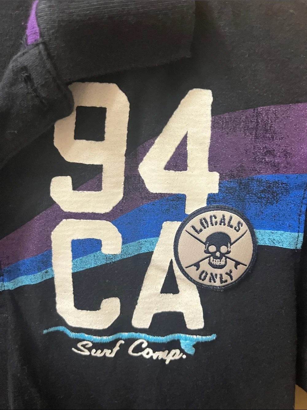 Vintage Old Navy Black Polo with Blue and Purple Wave and 94 CA Patch